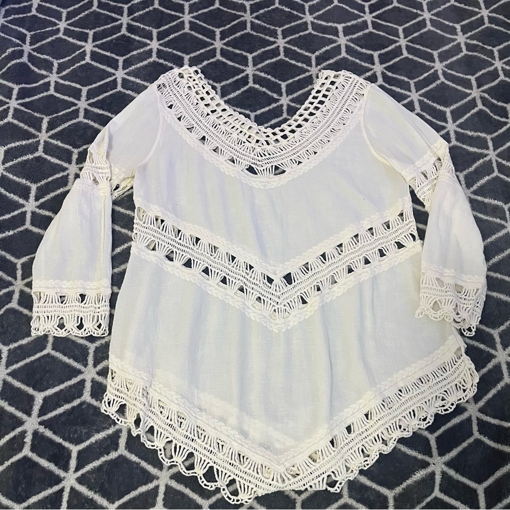 By The Sea White Crochet Lace Boho Tunic Top Cover Up One Size